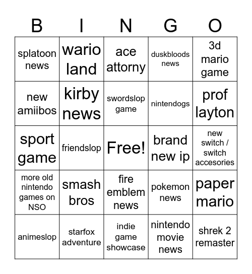 nintendo direct Bingo Card