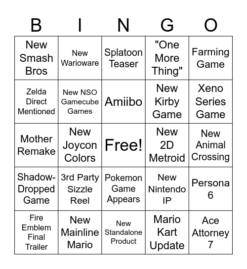 Nintendo Direct Bingo (09/09/26) Bingo Card