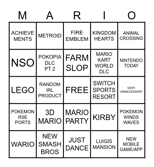 NINTENDO DIRECT 9.9.2026 Bingo Card