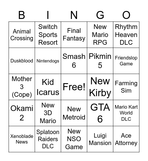 NINTENDO DIRECT SEPTEMBER 2026 Bingo Card