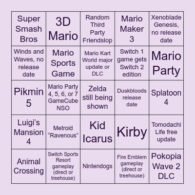 Nintendo Direct Bingo Card