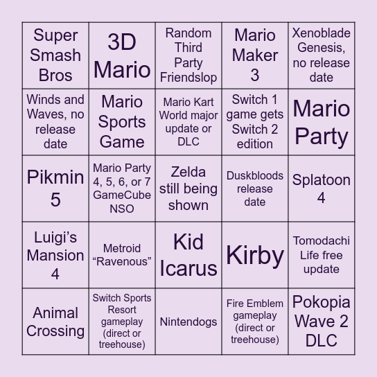 Nintendo Direct Bingo Card