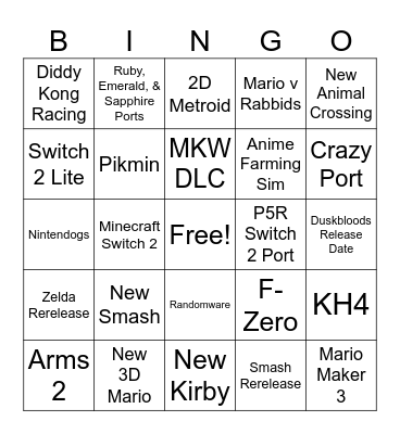 Nintendo Direct 9/9/26 Bingo Card
