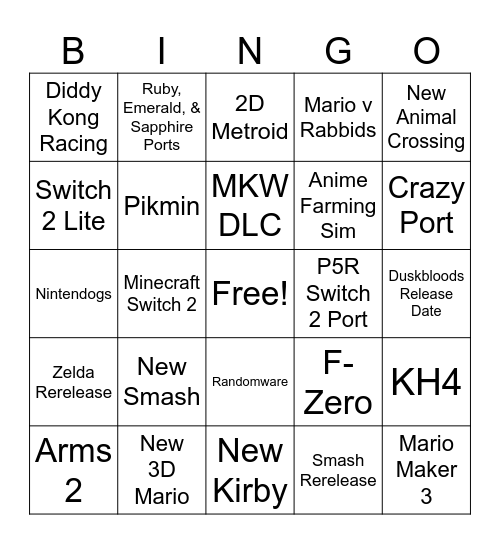 Nintendo Direct 9/9/26 Bingo Card