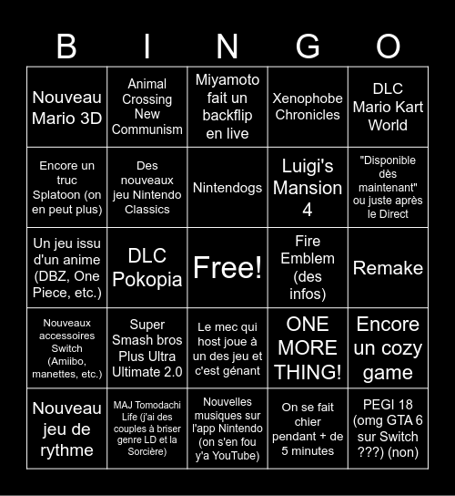 Nintendo Direct Bingo Card