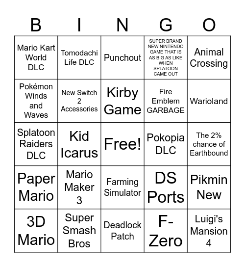 Nintendo Direct 2026 September Bingo Card
