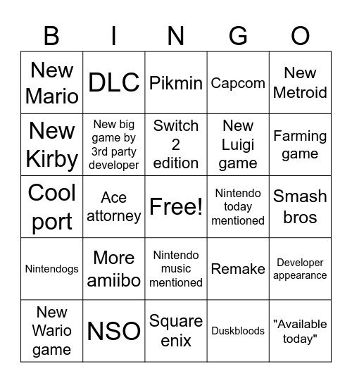 Nintendo direct 09.09.2026 Bingo Card