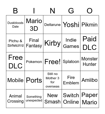 Nintendo Direct 9/9/26 Bingo Card