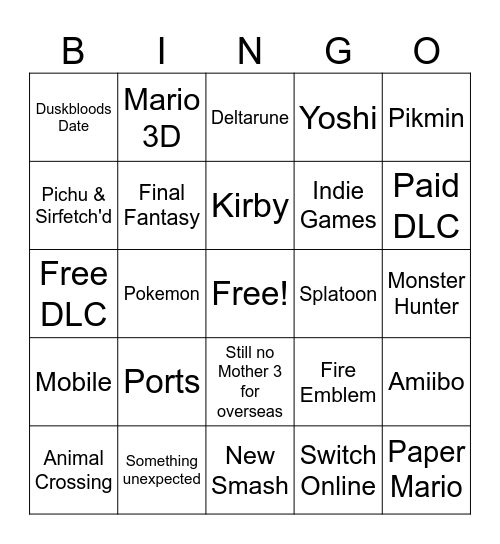 Nintendo Direct 9/9/26 Bingo Card