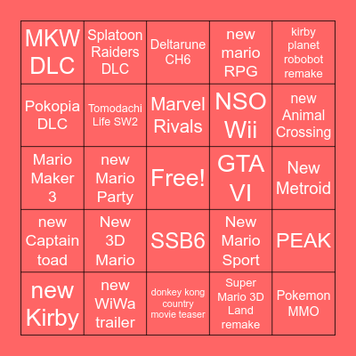 Nintendo direct 09/09/2026 Bingo Card