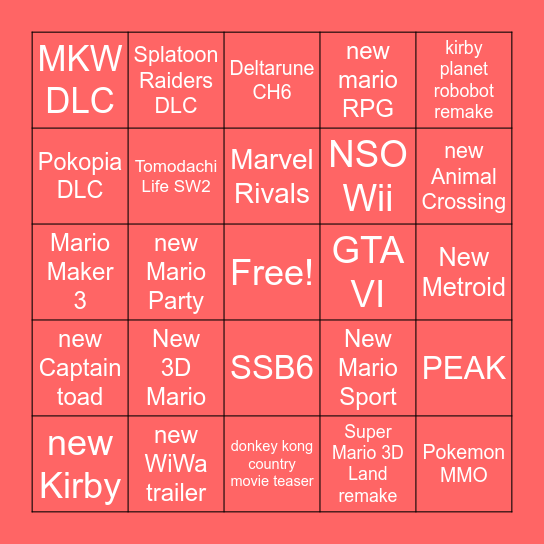 Nintendo direct 09/09/2026 Bingo Card
