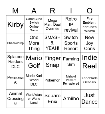 Nintendo Direct 9/9/2026 Bingo Card