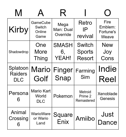 Nintendo Direct 9/9/2026 Bingo Card
