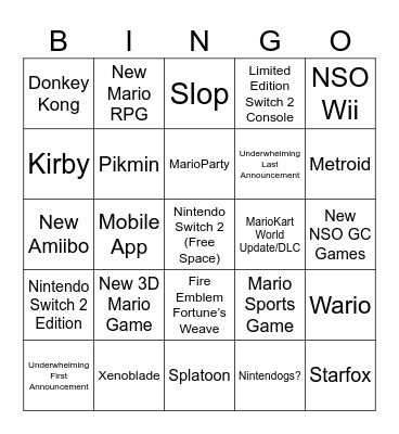 Nintendo Direct Bingo Card