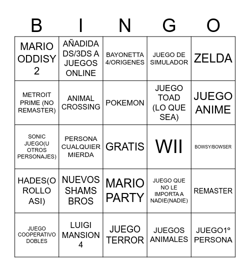 NINTENDO DIRECT 9/9/26 Bingo Card