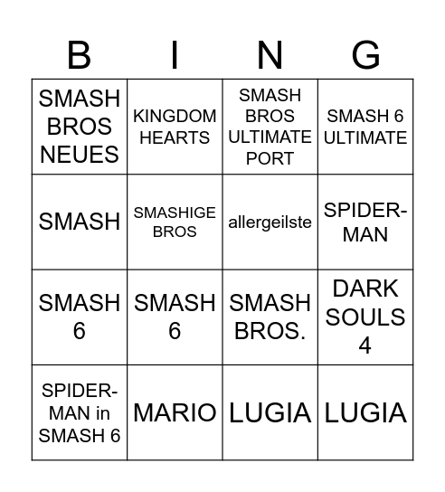 smash 6 Bingo Card