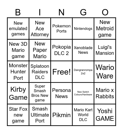 Nintendo Direct Bingo Card
