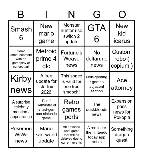 HxH Nintendo Direct Bingo Card