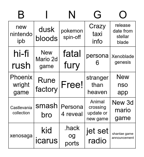 Nintendo Direct Bingo Card