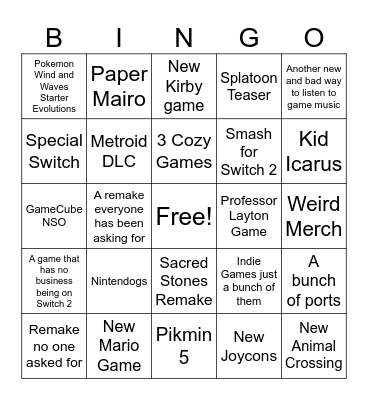 Nintendo Direct Bingo Card