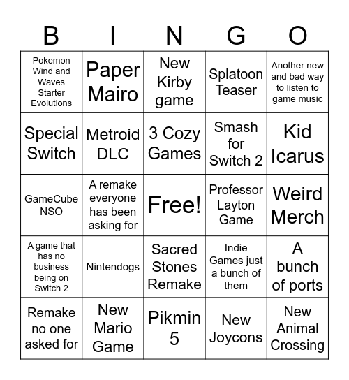 Nintendo Direct Bingo Card