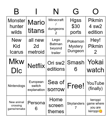 9/9/26 Nintendo Direct Bingo Card