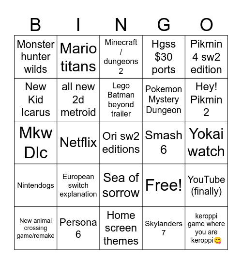 9/9/26 Nintendo Direct Bingo Card