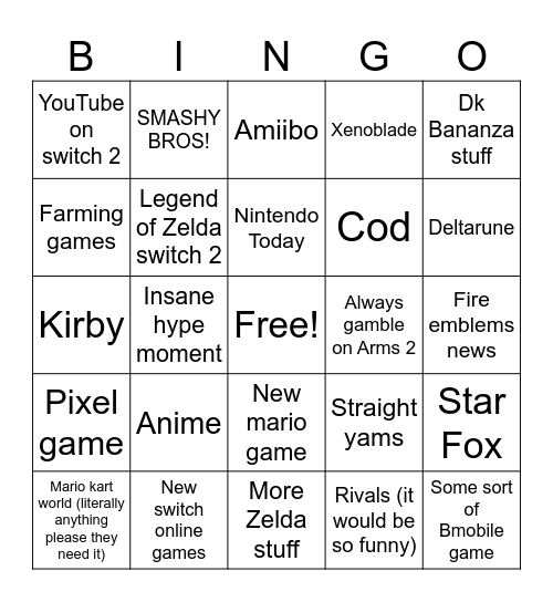 Nintendo Direct Bingo Card