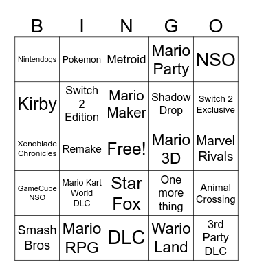 Nintendo Direct Bingo Card