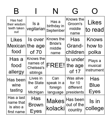 Bridal Shower Bingo Card