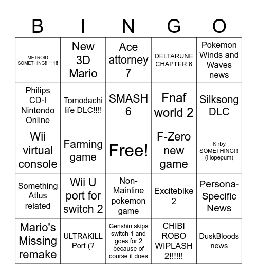NINTENDO DIRECT 9-9 BINGO CARD Bingo Card