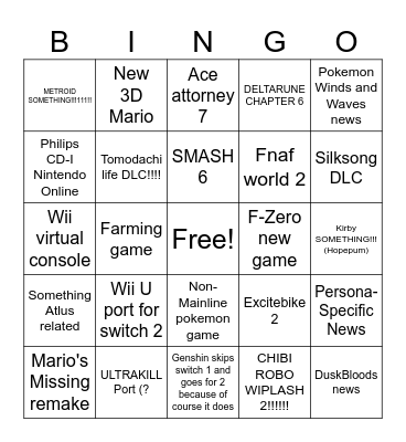 NINTENDO DIRECT 9-9 BINGO CARD Bingo Card