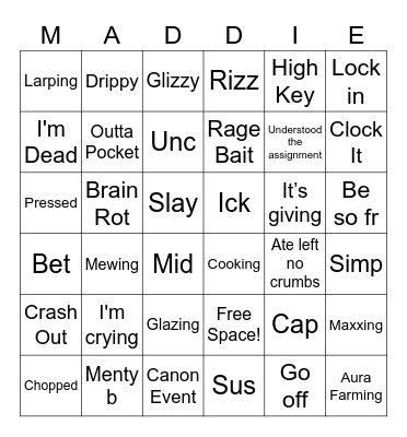 Gen Z Lingo Bingo Card