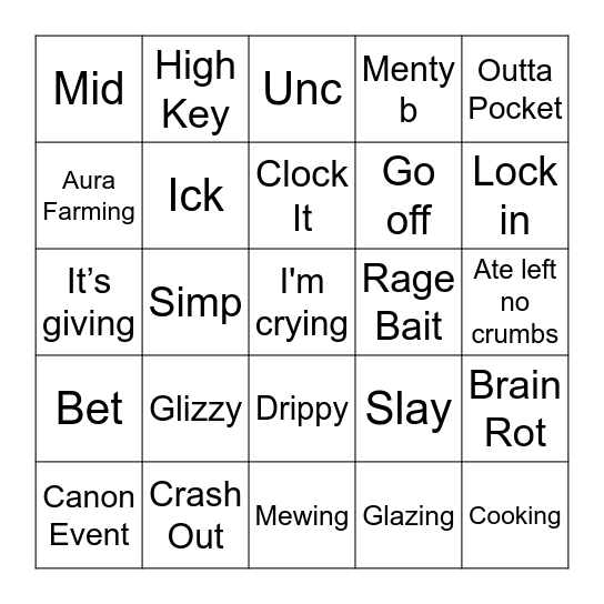 Gen Z Lingo Bingo Card