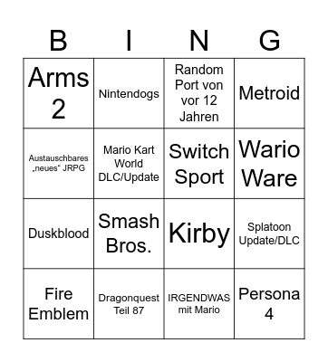 Nintendo Direct Bingo Card