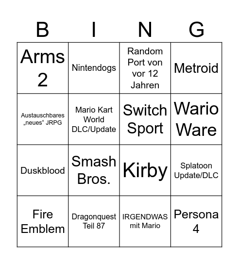Nintendo Direct Bingo Card