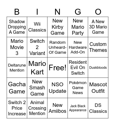 Nintendo Direct Bingo Card