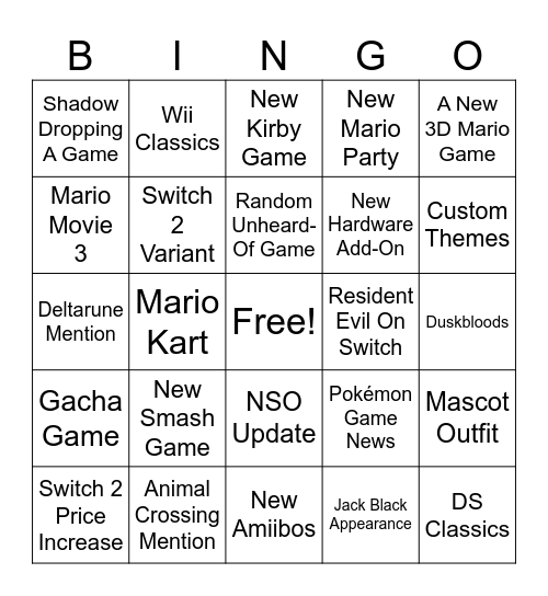 Nintendo Direct Bingo Card