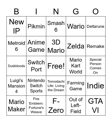 Nintendo Direct 9/9/26 Bingo Card