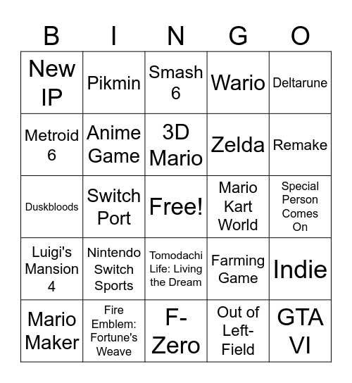 Nintendo Direct 9/9/26 Bingo Card
