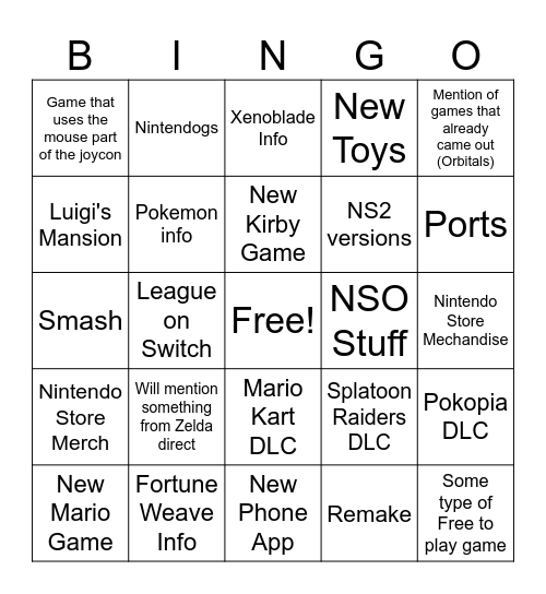 NINTENDO DIRECT Bingo Card