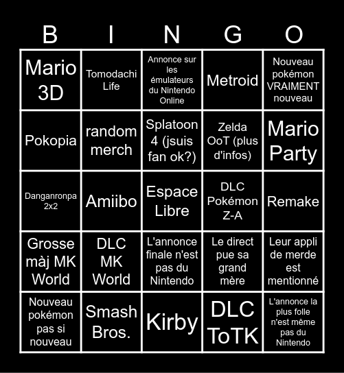 Bingo Nintendo Direct Bingo Card