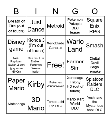 Nintendo Direct September 2026 Bingo Card