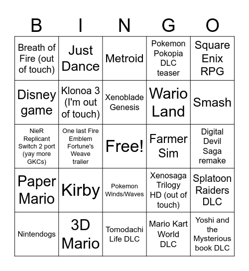 Nintendo Direct September 2026 Bingo Card