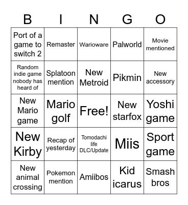 Nintendo direct Bingo Card