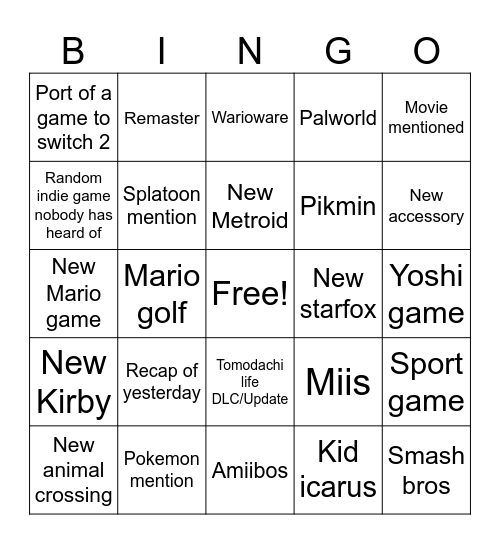 Nintendo direct Bingo Card