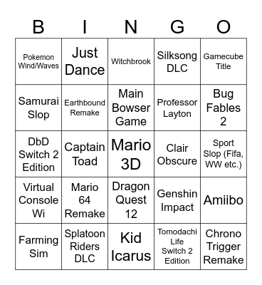 Nintendo Direct Bingo Card