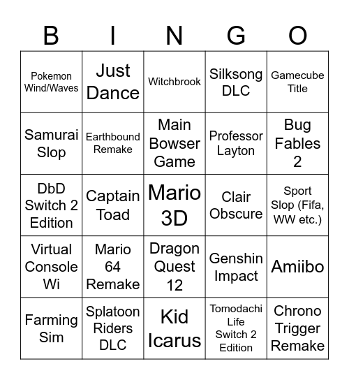 Nintendo Direct Bingo Card