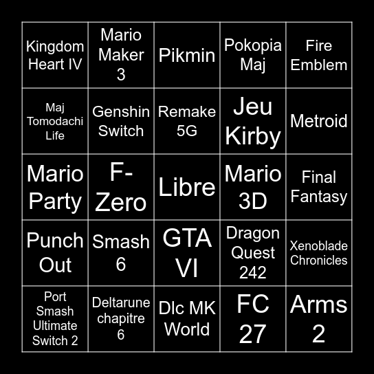 Nintendo Direct Septembre 2026 Bingo Card