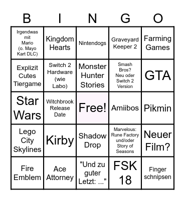 Nintendo Direct Bingo Card